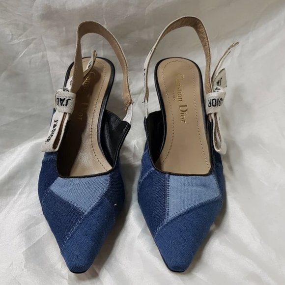 CHRISTIAN DIOR J'adior Denim Patchwork Slingbacks - Picture 1 of 6
